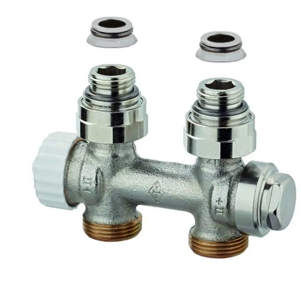 Zwei sich verbindende Rohre mit Messinganschlüssen und Ventilkopf, hergestellt von IMI Hydronic Engineering, für Heizungs- oder Wasserleitungsanwendungen.